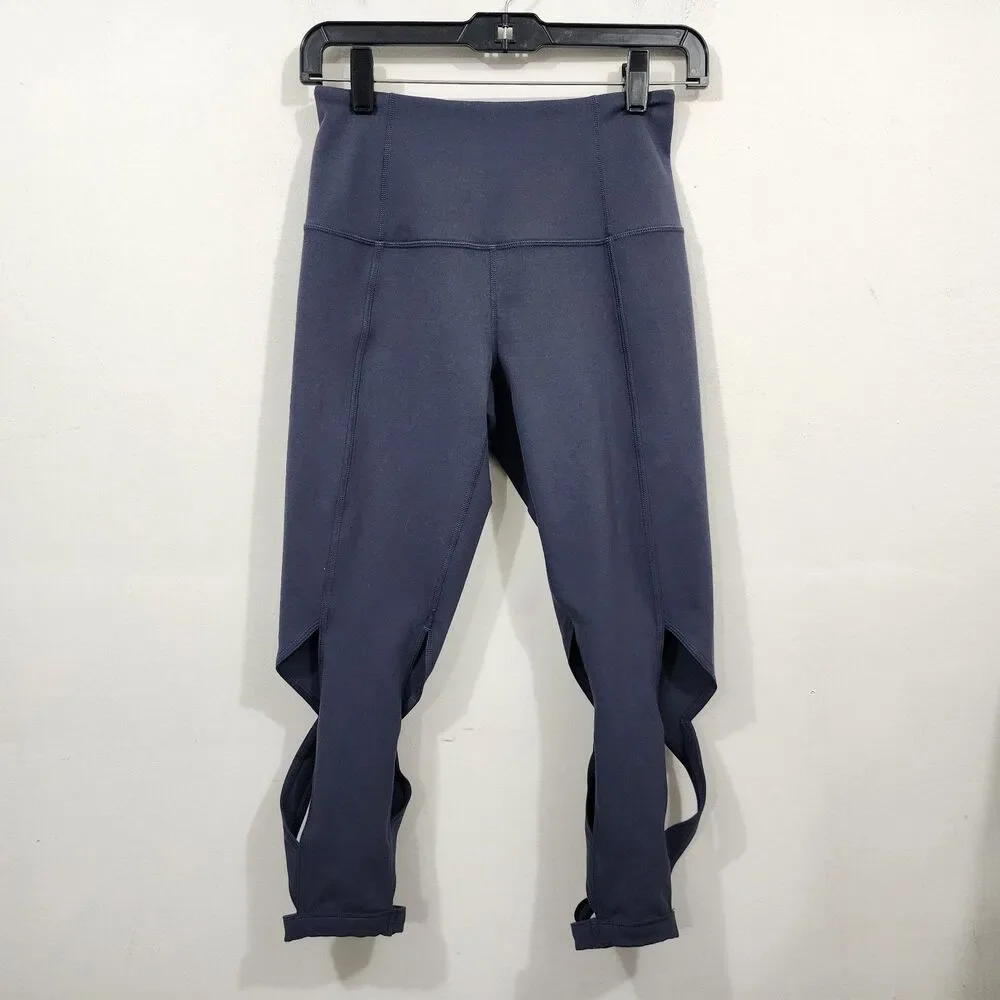 Zella Cropped Leggings Blue Criss-cross lattice cutout hem Yoga Gym Womens S